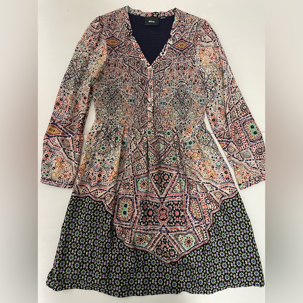 Anthropologie Maeve Tiled Amethyst Dress Smocked Pockets Size Medium